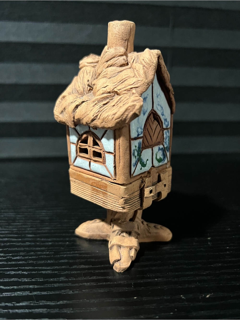 Small Rustic Ceramic Fairy House Candle Holder in Light Blue and Tan